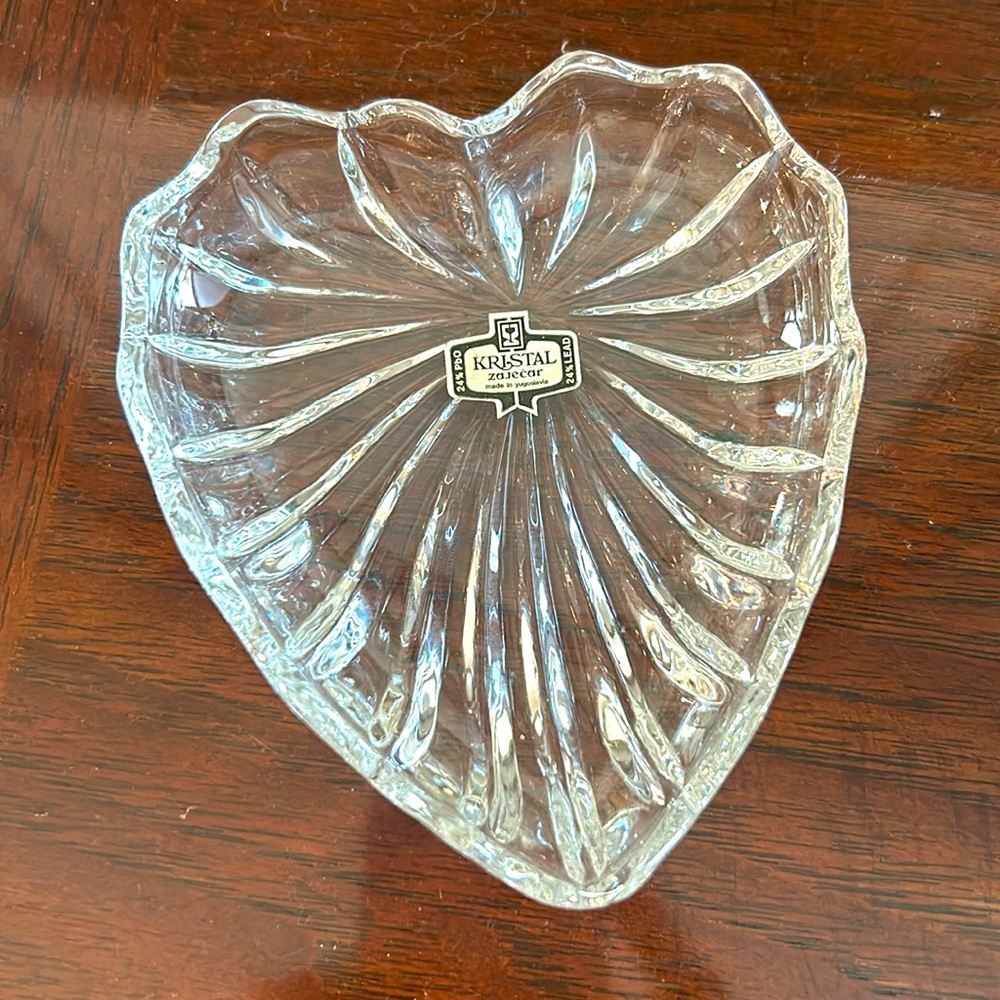 Vintage Kristal Zajecar Crystal Heart Shaped Trinkets Dish with Original Sticker
